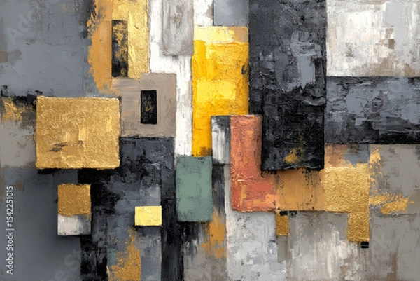 Fototapeta Abstract textured artistic geometric oil painting in black, grey and gold tones in boho style using palette knife