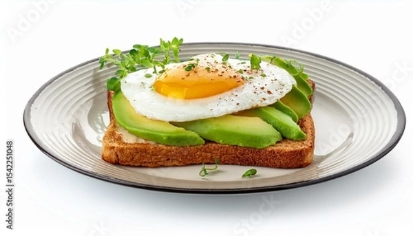 Fototapeta Avocado toast with fried egg and microgreens