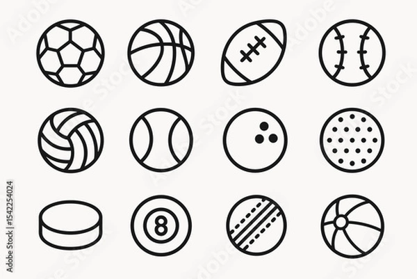 Obraz Set of twelve black outline iconic sports balls on white background