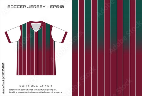 Fototapeta Soccer jersey design maroon  green striped shirt with white sleeves Editable layer text below