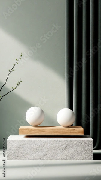 Fototapeta Minimalist still life with two white spheres on a wooden platform, a delicate branch, and textured surfaces under soft natural light.
