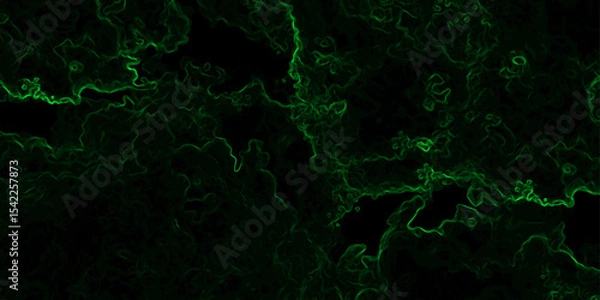 Fototapeta Abstract dark background featuring swirling green neon wisps and smoky, misty patterns over a black backdrop. Organic, ethereal effect resembling energy currents, plasma flow, or mystical fog