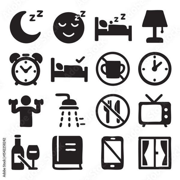 Obraz Collection of Sleep Rest and Relaxation Icons in Simple Black and White Style.