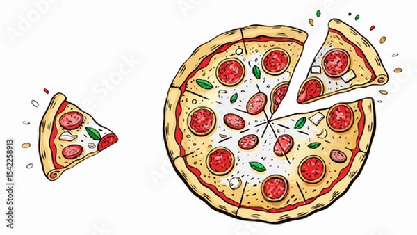 Fototapeta A whole pizza with a slice being removed and another slice on the side with basil and pepperoni