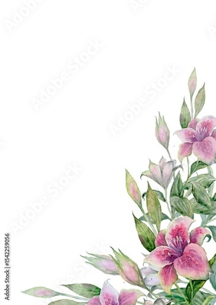 Fototapeta Delicate vertical watercolor composition Pink and white lilies and green leaves from the corners against a spacious white backdrop. Ideal for wadding invitation, book layouts, or elegant branding.