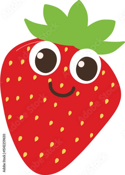 Fototapeta A cartoon strawberry with big eyes, a cheerful smile and a bright red body decorated with green leaves.