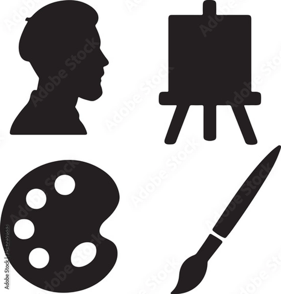 Fototapeta Art and painting icon set. Containing artist head silhouette, easel, paint palette with color blobs, and paintbrush symbols. Creative expression and fine arts silhouettes. Solid icon collection.