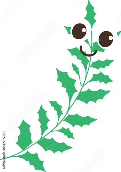 Fototapeta A cartoon branch with big eyes, a cheerful smile and a green body decorated with green leaves.