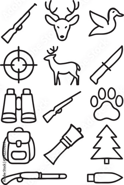 Fototapeta Hunting and outdoor adventure icon set. Containing deer, rifle, target, knife, and binoculars. Wilderness survival and forest expedition silhouettes. Solid icon collection.