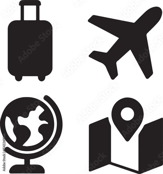 Fototapeta Travel and navigation icon set. Containing suitcase, airplane, globe, and location map symbols. Tourism, vacation, and global mobility silhouettes. Solid icon collection.