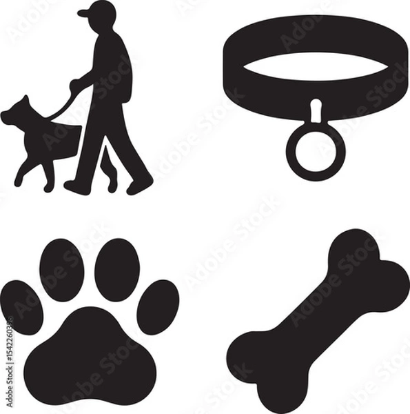 Fototapeta Dog care icon set. Containing dog walking, bone, paw print, and pet collar symbols. Pet ownership and dog-related icons. Solid silhouette collection.