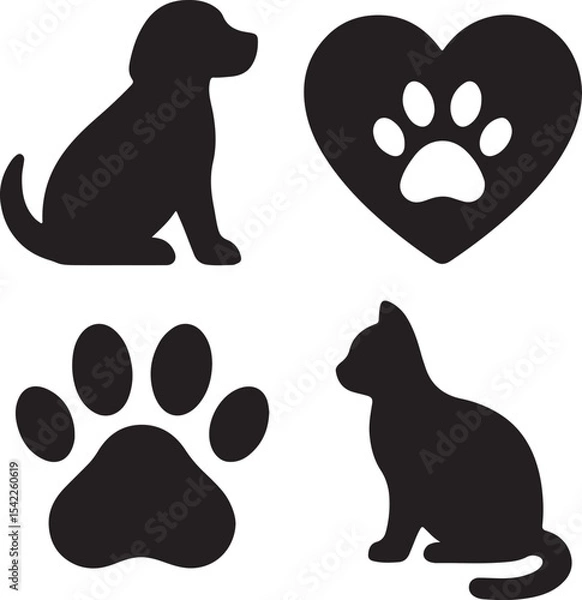 Fototapeta Dog care icon set. Containing dog walking, bone, paw print, and pet collar symbols. Pet ownership and dog-related icons. Solid silhouette collection.