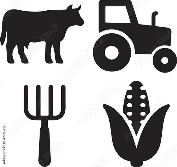 Fototapeta Farming and agriculture icon set. Containing cow, tractor, pitchfork, and corn symbols. Rural life and agricultural equipment silhouettes. Solid icon collection.