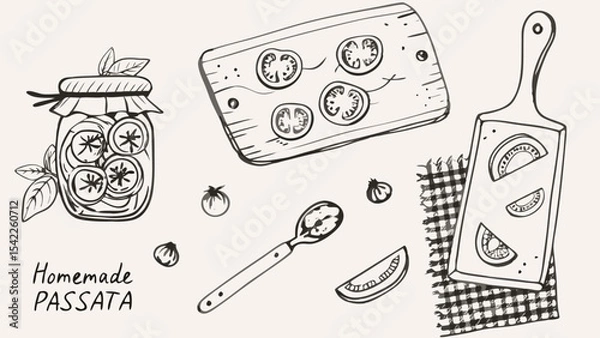 Fototapeta Hand drawn illustration of homemade passata jar with tomato slices and wooden boards and a spoon sketch