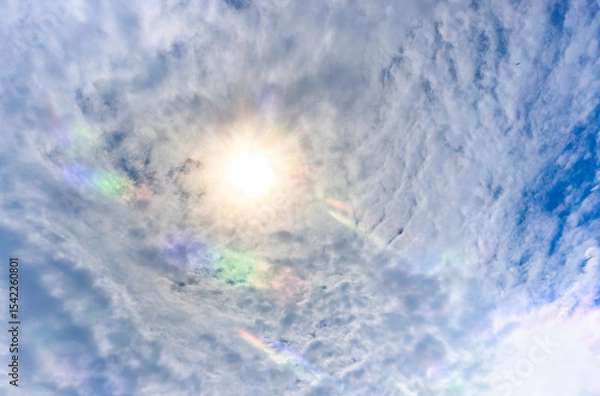Fototapeta Partly cloudy sky with shining sun and atmospheric color flares in the clouds.
Sky is blue and clear with no clouds. The sky is very bright and the sun is shining. Blue sky with scattered white clouds