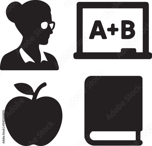 Fototapeta Online education icon set. Containing teacher avatar, school blackboard, apple, and textbook symbols. E-learning and digital education icons. Solid icon collection.