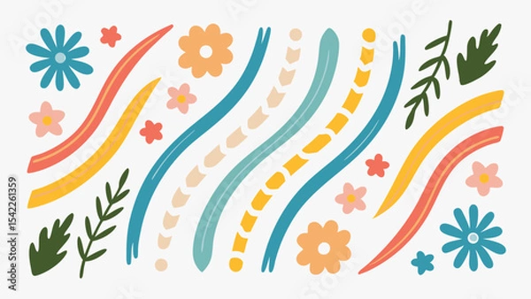 Fototapeta Colorful floral and wavy line pattern with flowers and leaves on a white background artwork design
