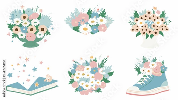 Fototapeta Illustration of flower bouquets in vases, a book with stars, and flowers in a sneaker boot