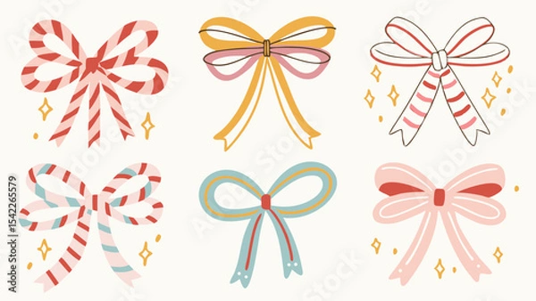Fototapeta Illustration of six decorative bows with different colors and patterns on a white background surface
