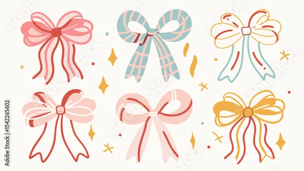 Fototapeta Illustration of six decorative bows in various colors and patterns on a light background design style