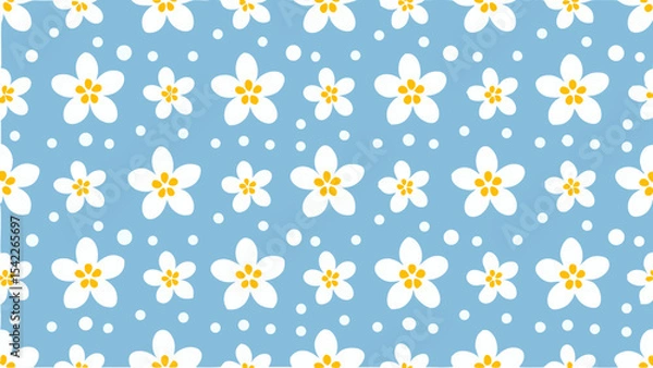 Fototapeta Seamless pattern of white flowers with yellow centers and white dots on a light blue background design