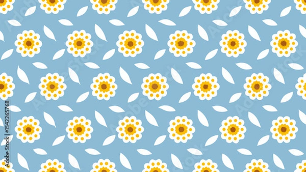 Fototapeta Repeating pattern of white flowers with yellow centers and white leaves on a blue background design