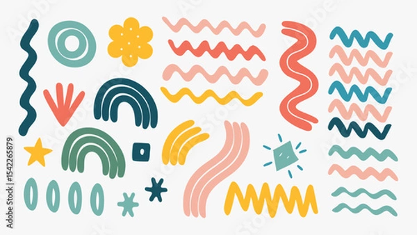 Fototapeta Collection of hand drawn colorful abstract shapes including waves circles rainbows and stars on white backdrop