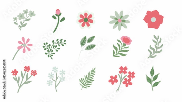 Fototapeta Botanical illustration featuring a variety of stylized flowers and leaves in pastel shades on a white background