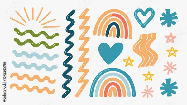 Fototapeta Illustration of whimsical shapes including rainbows, waves, hearts, stars and zigzags in various colors