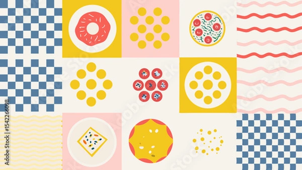 Obraz Arrangement of checkered patterns, circles, waves, and food items in a grid format design