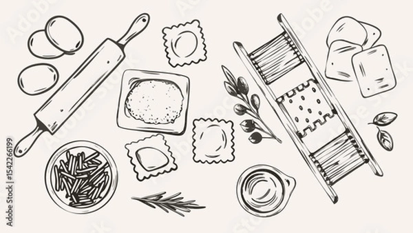Fototapeta Illustration of pasta making tools with ravioli dough and rolling pin in a sketch style drawing art