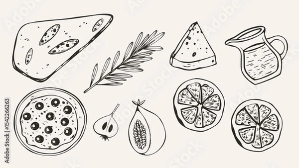 Fototapeta Illustration of cheese rosemary watermelon juice pizza garlic fig and sliced oranges in black outline style