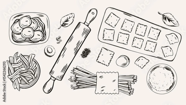 Fototapeta Illustration of pasta dishes, crackers, rolling pin, and ingredients on a light background surface