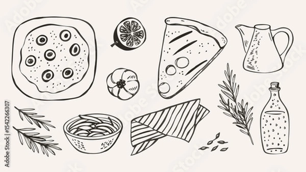 Fototapeta Illustration of pizza, lemon, tomato, pasta, cloth, herbs, oil, and a pitcher in black and white