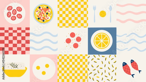 Fototapeta A colorful collage of food items and patterns featuring plates, fish, and checkered backgrounds design
