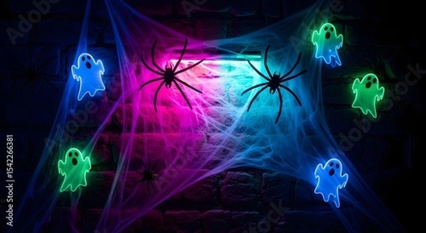 Fototapeta Halloween decorations with glowing ghost and spider in spiderweb against a dark brick wall. Spooky decor for November event party.
