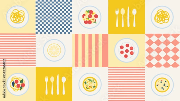 Fototapeta Assorted food dishes and patterns arranged in a grid with a bright and colorful aesthetic style design