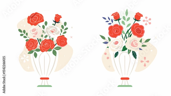Fototapeta Two vases with red and white roses and green leaves on a white background in a vector art style