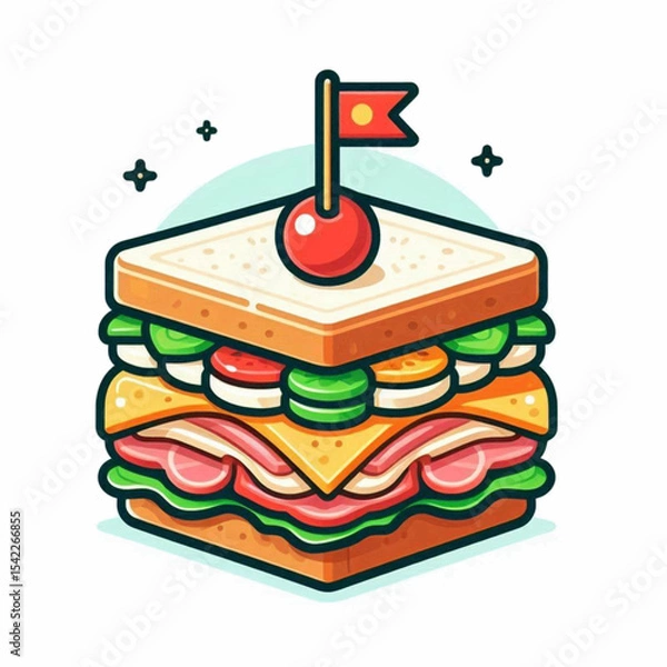 Fototapeta Stylized sandwich with ham cheese  veggies topped with a cherry and flag
