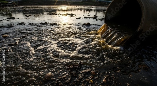 Fototapeta Contaminated water flowing from a large pipe into a dark, polluted river. Environmental pollution concept and wastewater discharge problem.
