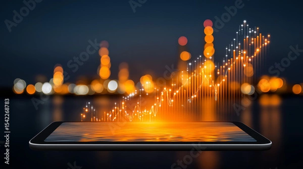 Obraz Financial Technology Growth: Digital tablet displaying an upward trending graph with blurred industrial background in finance tech era.
