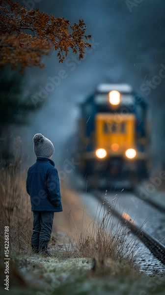 Obraz Child Watching Approaching Train: A small child in a winter coat stands by the railroad tracks, gazing intently at an approaching train on a cold, misty morning.
