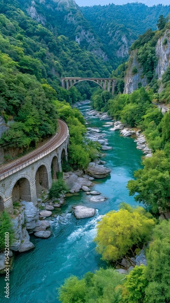 Obraz Serene River Crossing: Captivating aerial view of a historic railway arch bridge elegantly traversing a serene turquoise river that winds through a verdant valley.