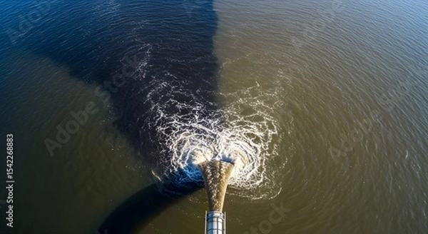 Fototapeta Water pollution from industry pipe. Stream of sewage from a sewer line creating dirty foam in the sea or lake. Waste discharge causing environmental impact.