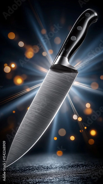 Obraz Chef Knife in Dramatic Light: A gleaming chef's knife, its blade reflecting a dramatic burst of light against a dark background punctuated by bokeh lights.