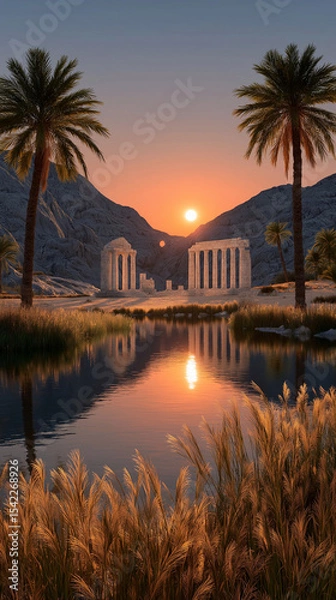 Obraz Ancient Dawn's Embrace:  Sun's golden rays gently illuminate an ancient temple, as the calm lake mirroring the serene scene, creating a beautiful dawn over historical architecture.