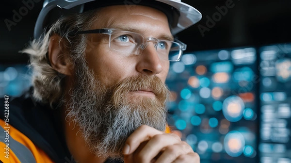 Fototapeta Introspective Engineer: An engineer in a hard hat, deep in thought, surveys the control room, his gaze reflects professional focus.