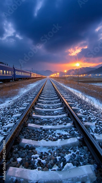 Obraz Winter Train Tracks at Sunrise: The photograph captures the serenity of dawn, with a train traversing tracks that vanish into the horizon under a sky painted with early morning hues.