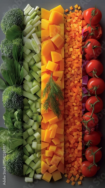 Obraz Colorful Culinary Canvas: A vibrant, eye-level display of fresh vegetables arranged artfully to showcase the diverse beauty of natural produce and their textures.