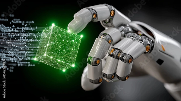 Fototapeta Robotic Hand and Digital Cube: This captivating image showcases a mechanical hand delicately grasping a luminous digital cube, against a backdrop of binary code.